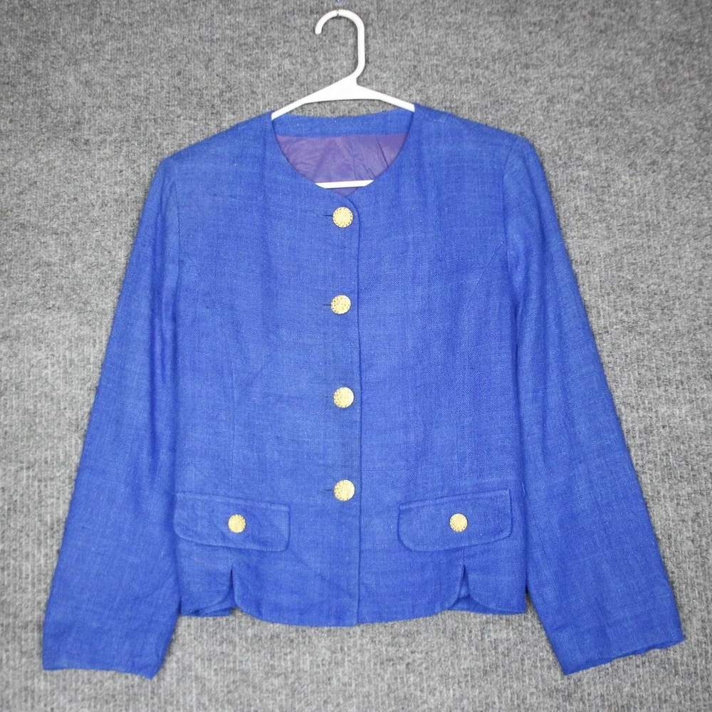 Gever Originals Women's Blue Tweed Blazer Jacket Gold Button Pockets‎ Size M